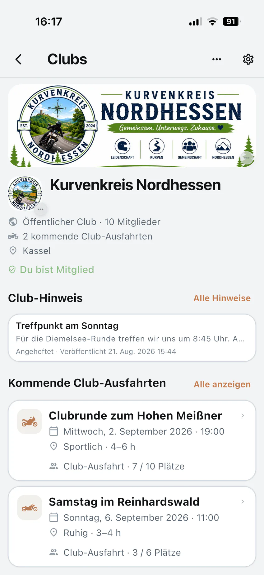Detailseite eines beispielhaften Motorradclubs in Ridora mit Club-Informationen, Mitgliedern und geplanten Club-Ausfahrten.