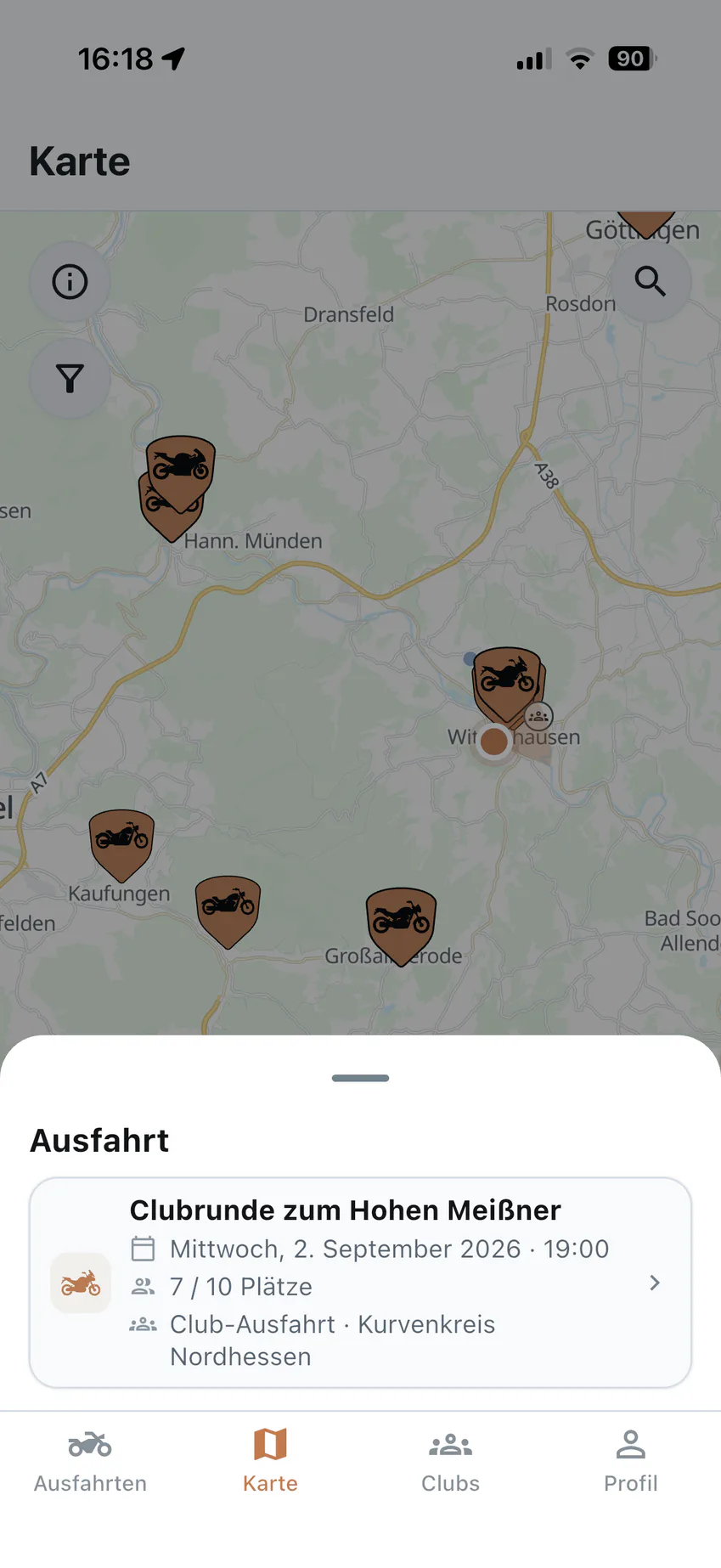 Ridora-Kartenansicht mit ausgewählter Ausfahrt und einer eingeblendeten Vorschau am unteren Bildschirmrand.