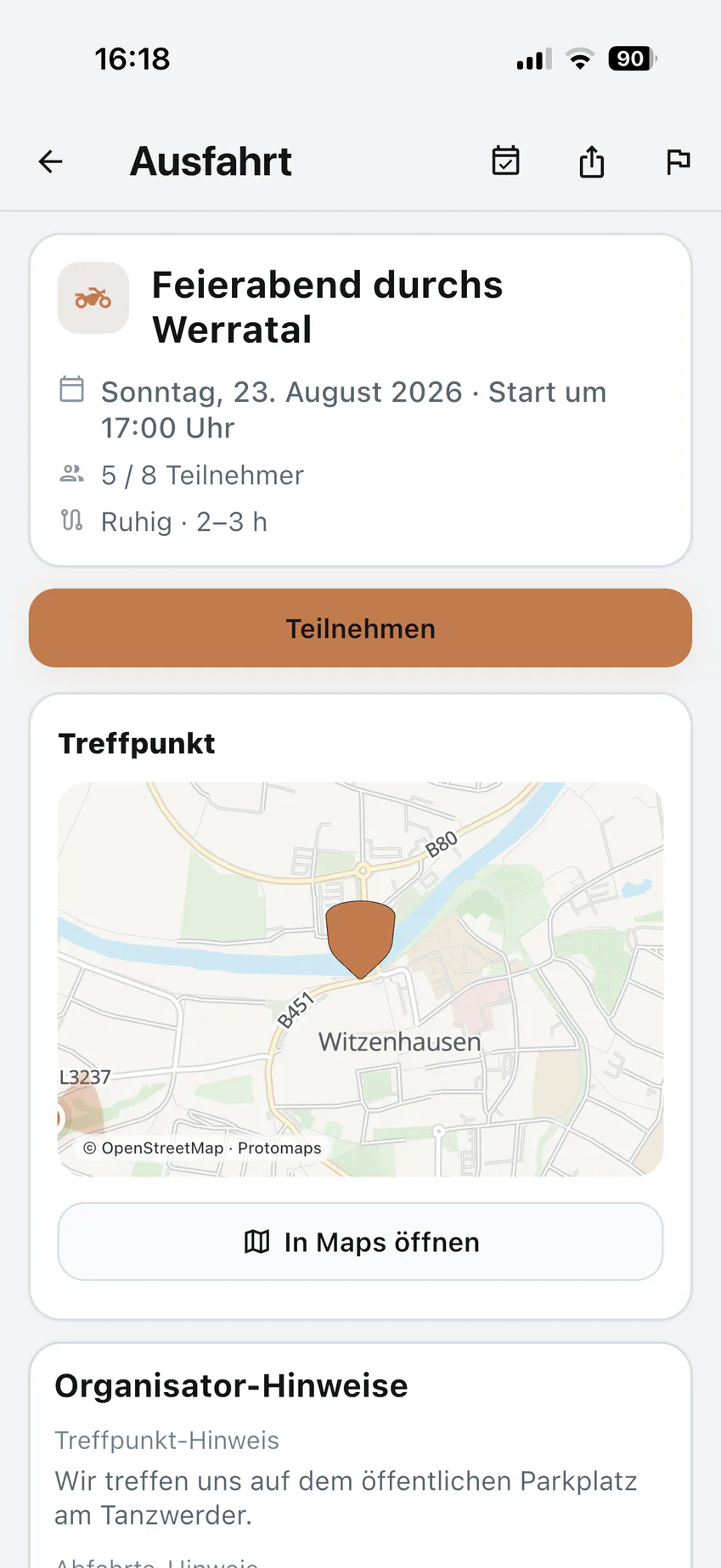 Detailansicht einer erfundenen Ridora-Ausfahrt mit Treffpunkt, Startzeit, Fahrstil, Beschreibung und Teilnehmerlimit.