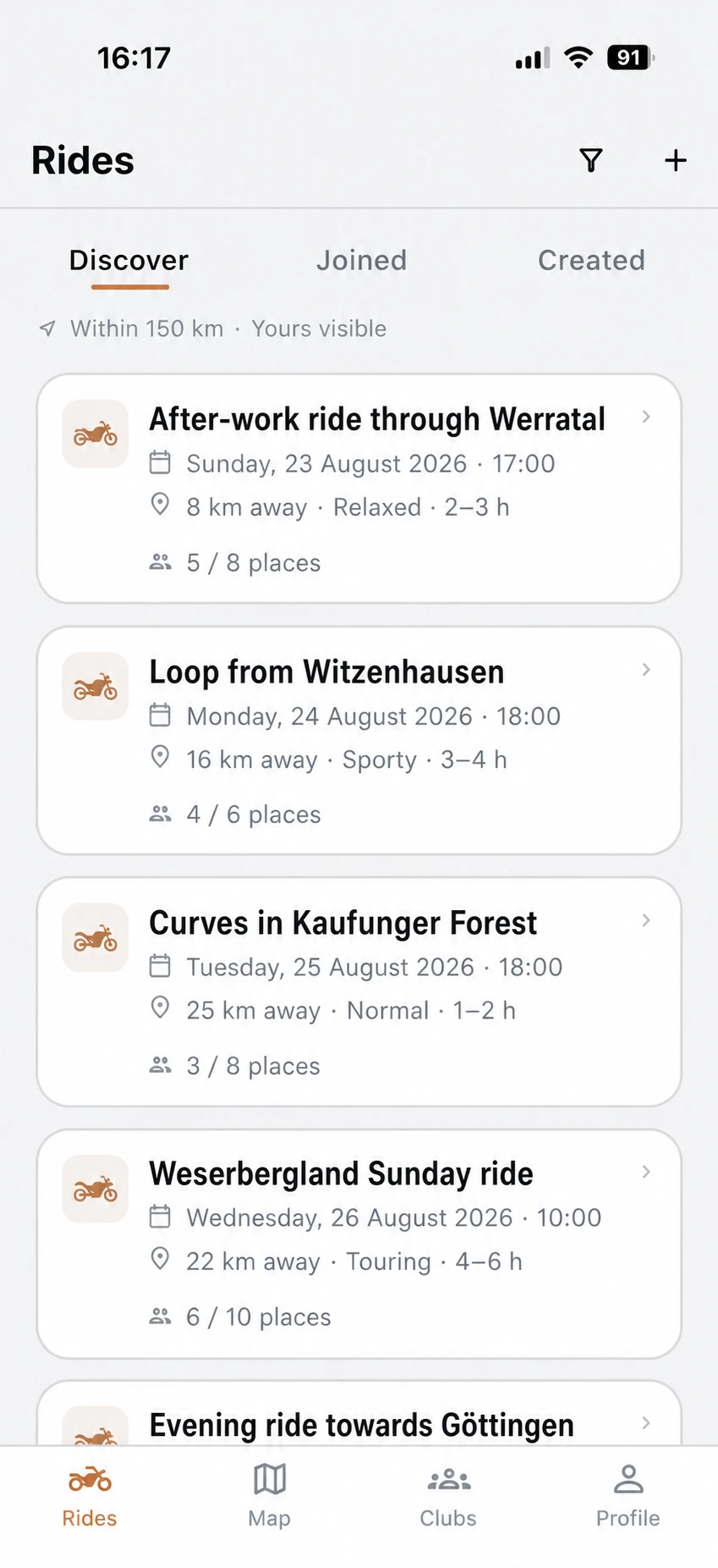 Ridora app screen showing a list of nearby motorcycle rides with dates, riding styles, and available places.