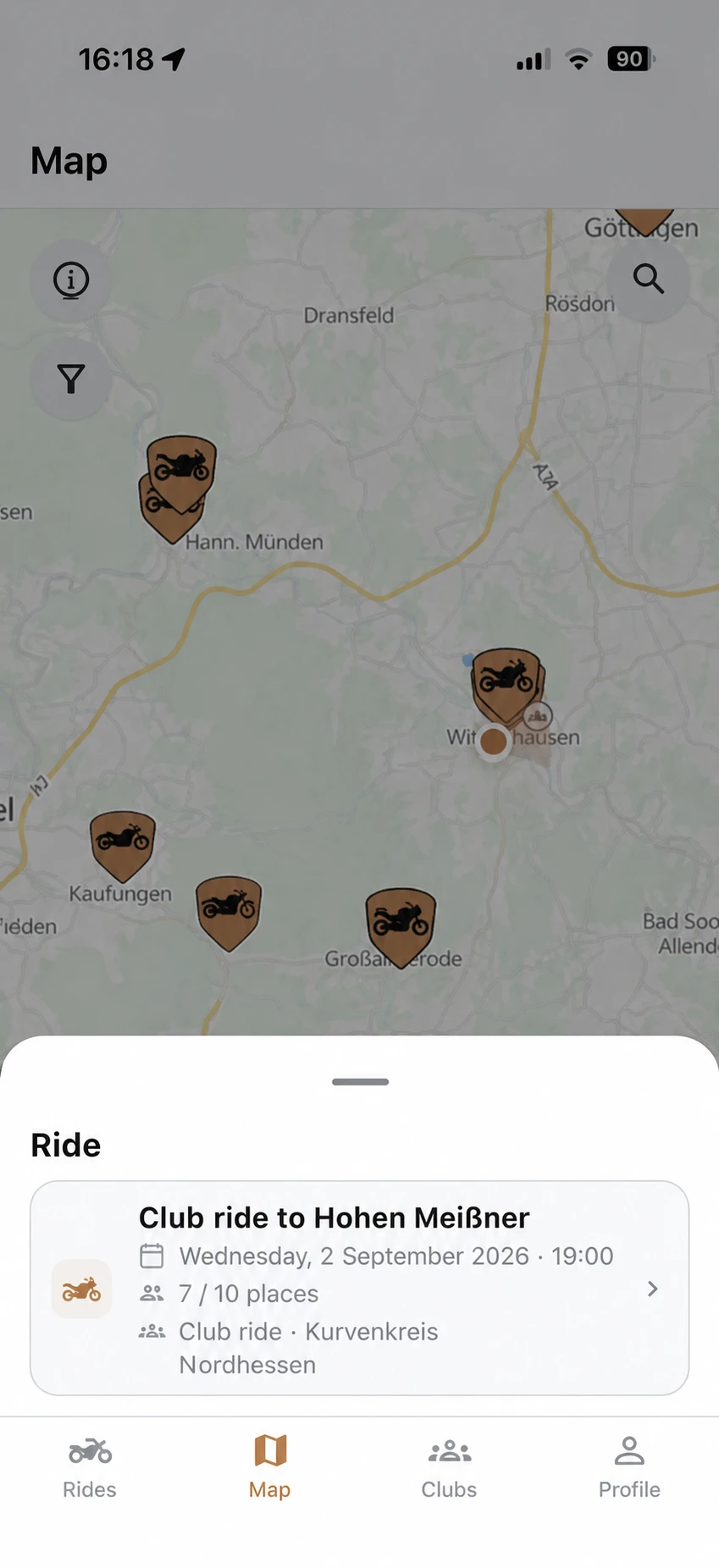 Ridora map screen with a selected ride and its preview open at the bottom of the screen.
