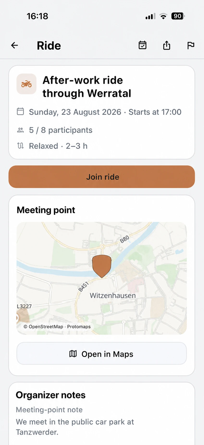 Detail screen for a fictional Ridora ride showing the meeting point, start time, riding style, description, and group limit.