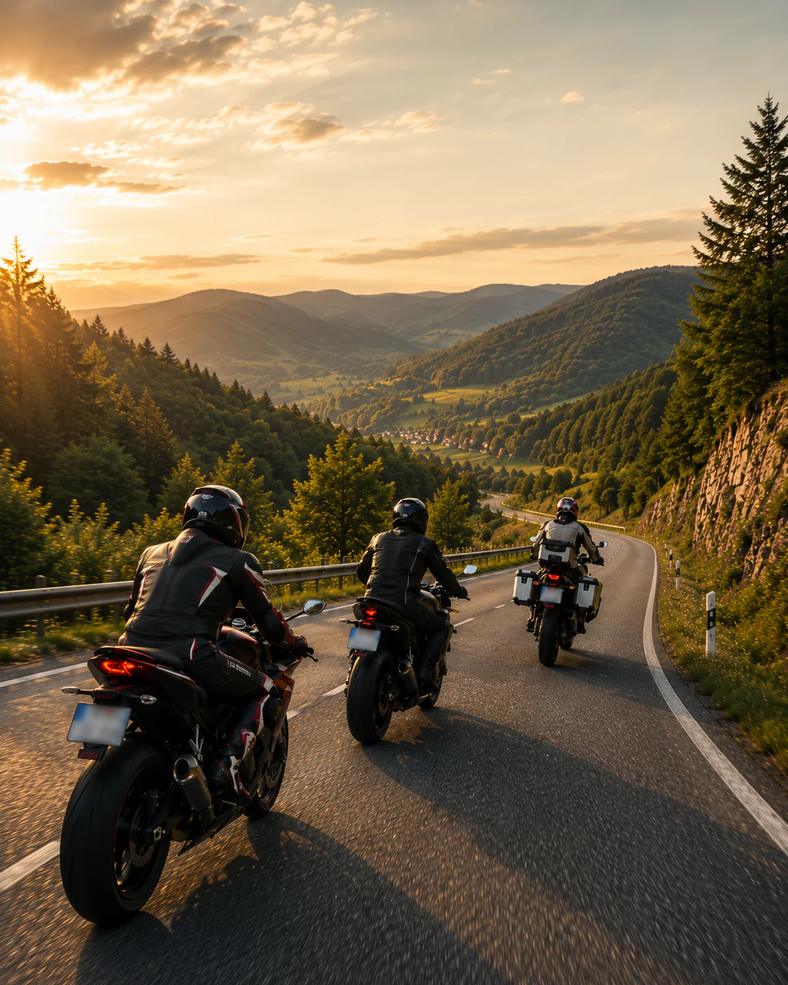 Three motorcyclists riding on a winding country road